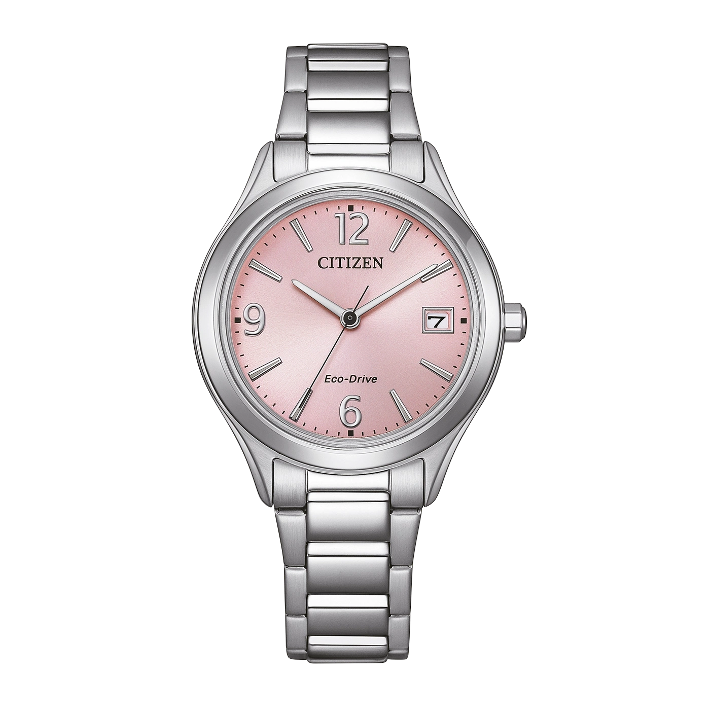 Een zilveren Citizen Eco-Drive horloge met een roze wijzerplaat en datumvenster.