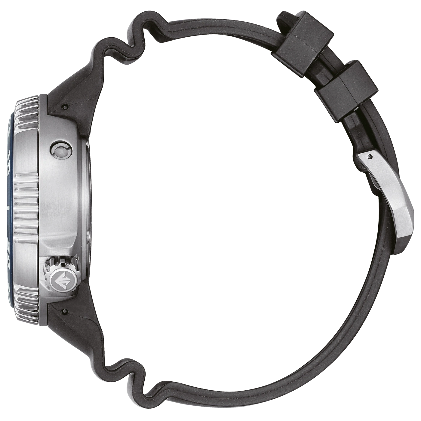 Zijaanzicht van een zilveren horloge met een zwarte rubberen band op een groene achtergrond.