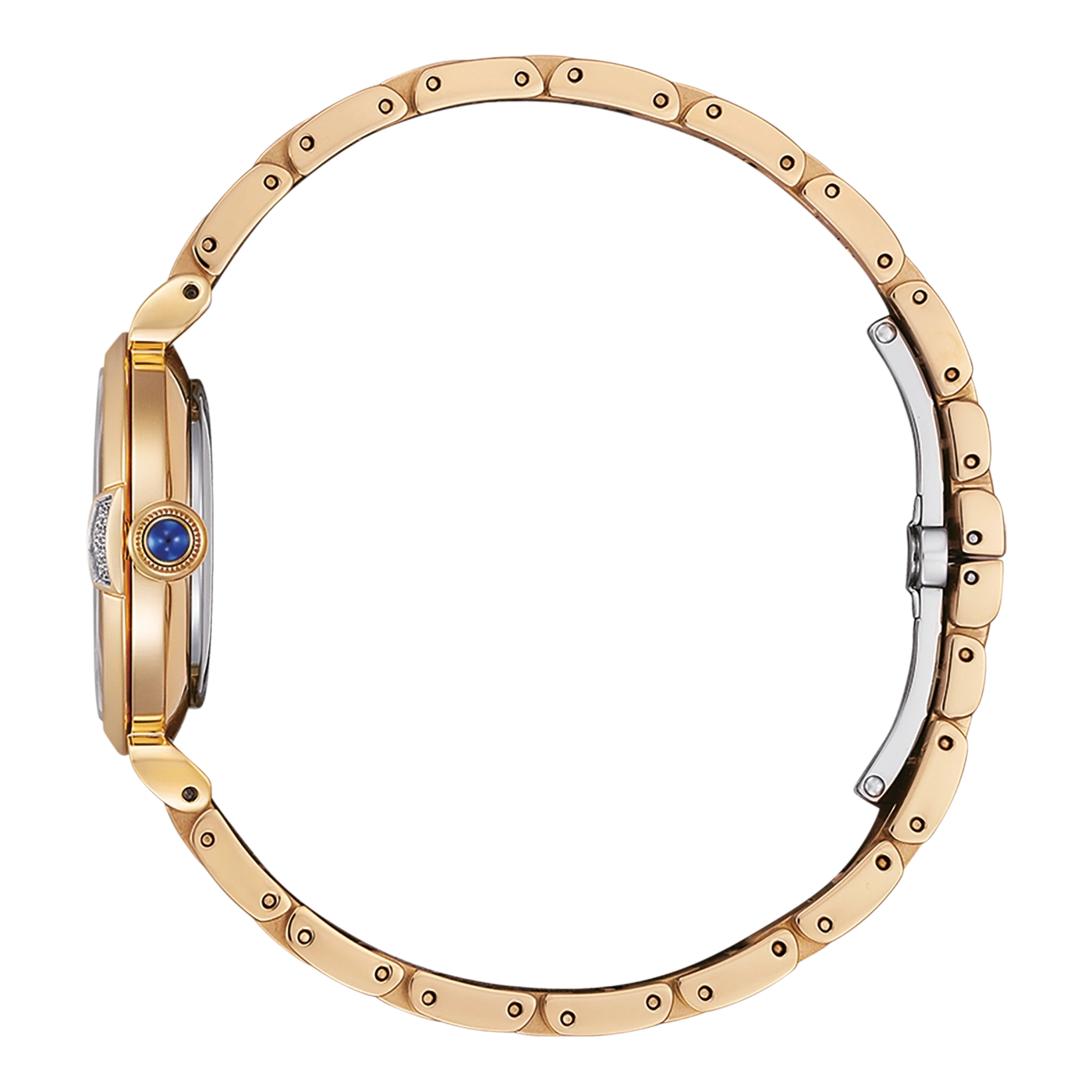 Gouden horloge met blauwe edelsteen en diamantaccenten, zijaanzicht, elegant ontwerp