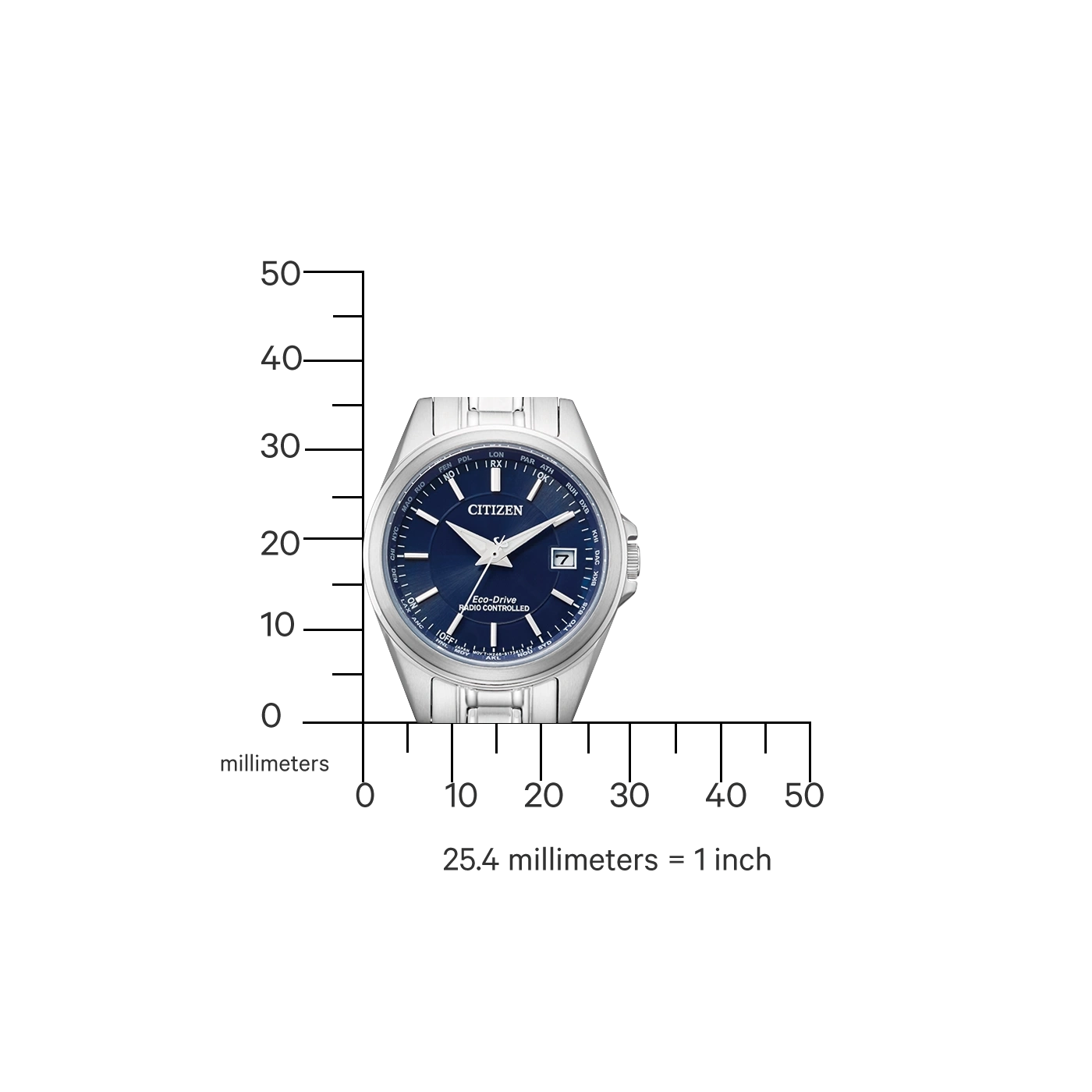 Citizen horloge met blauwe wijzerplaat, zilveren band en meetschaal in millimeters.