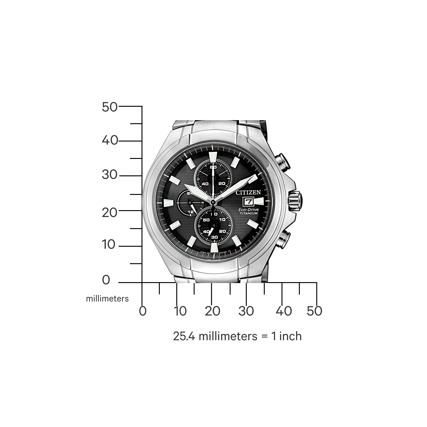 Citizen horloge met zwarte wijzerplaat en titanium Eco-Drive, gemeten in millimeters.