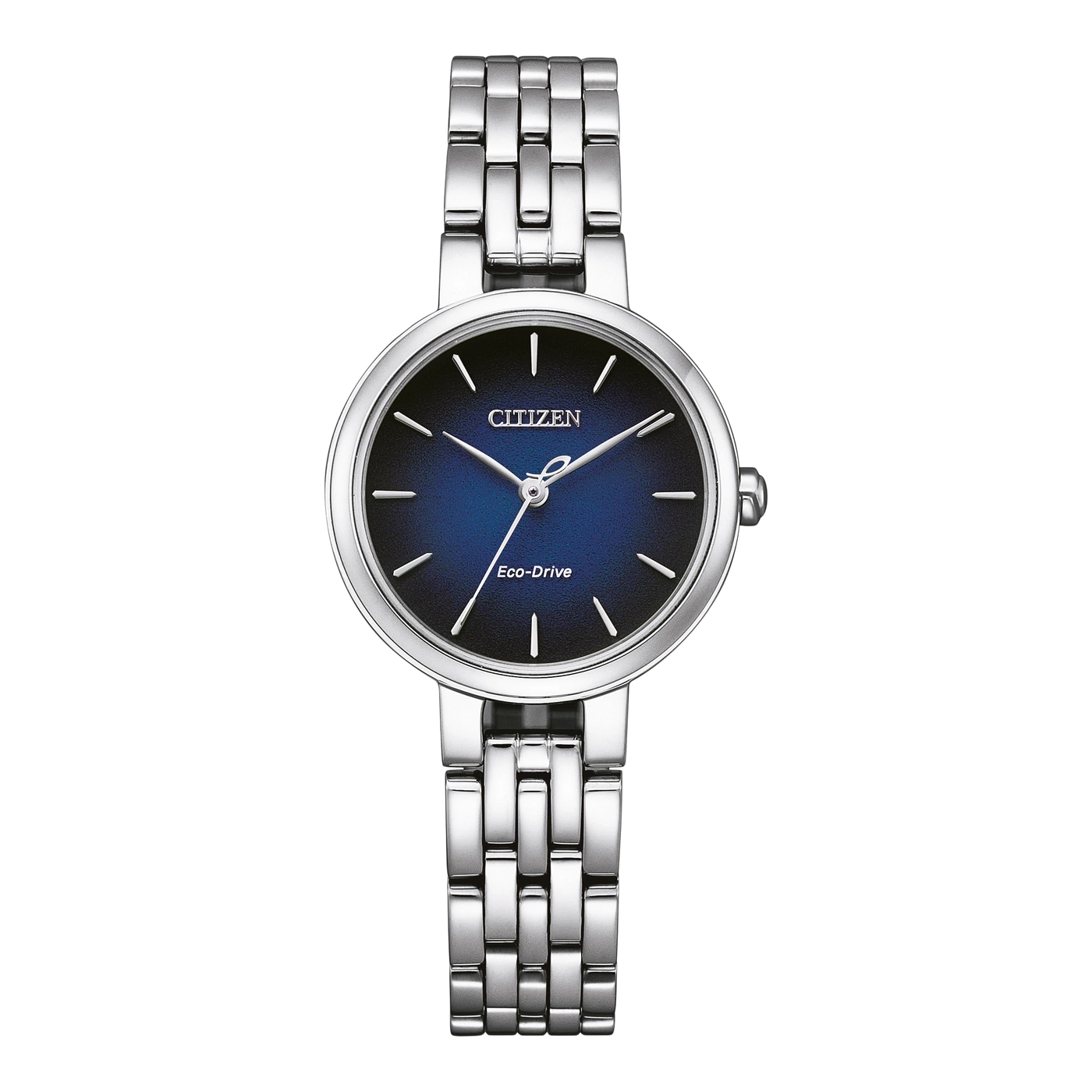 Citizen horloge met blauwe wijzerplaat en zilveren band, Eco-Drive technologie.