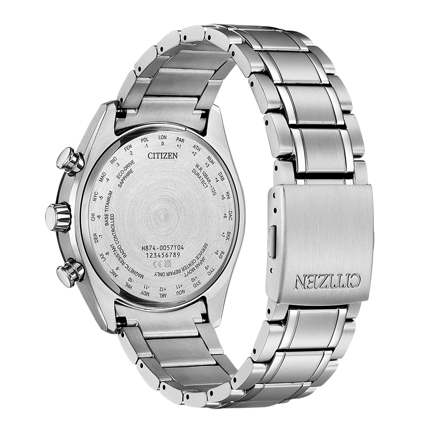 Achterkant van Citizen horloge met details van tijdzones, modelnummer en functies.