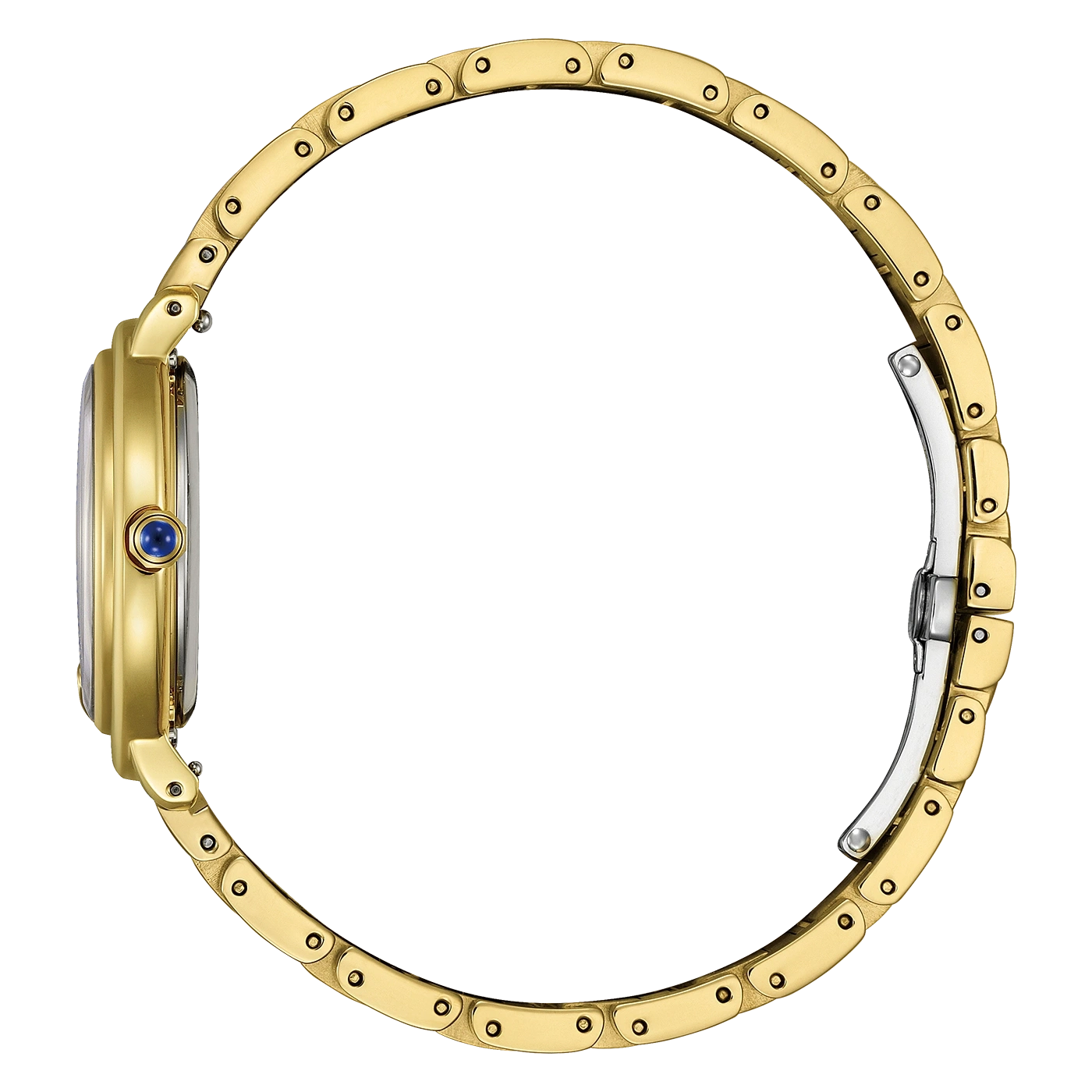 Gouden horloge met blauwe edelsteen en gouden armband, zijaanzicht, elegant design