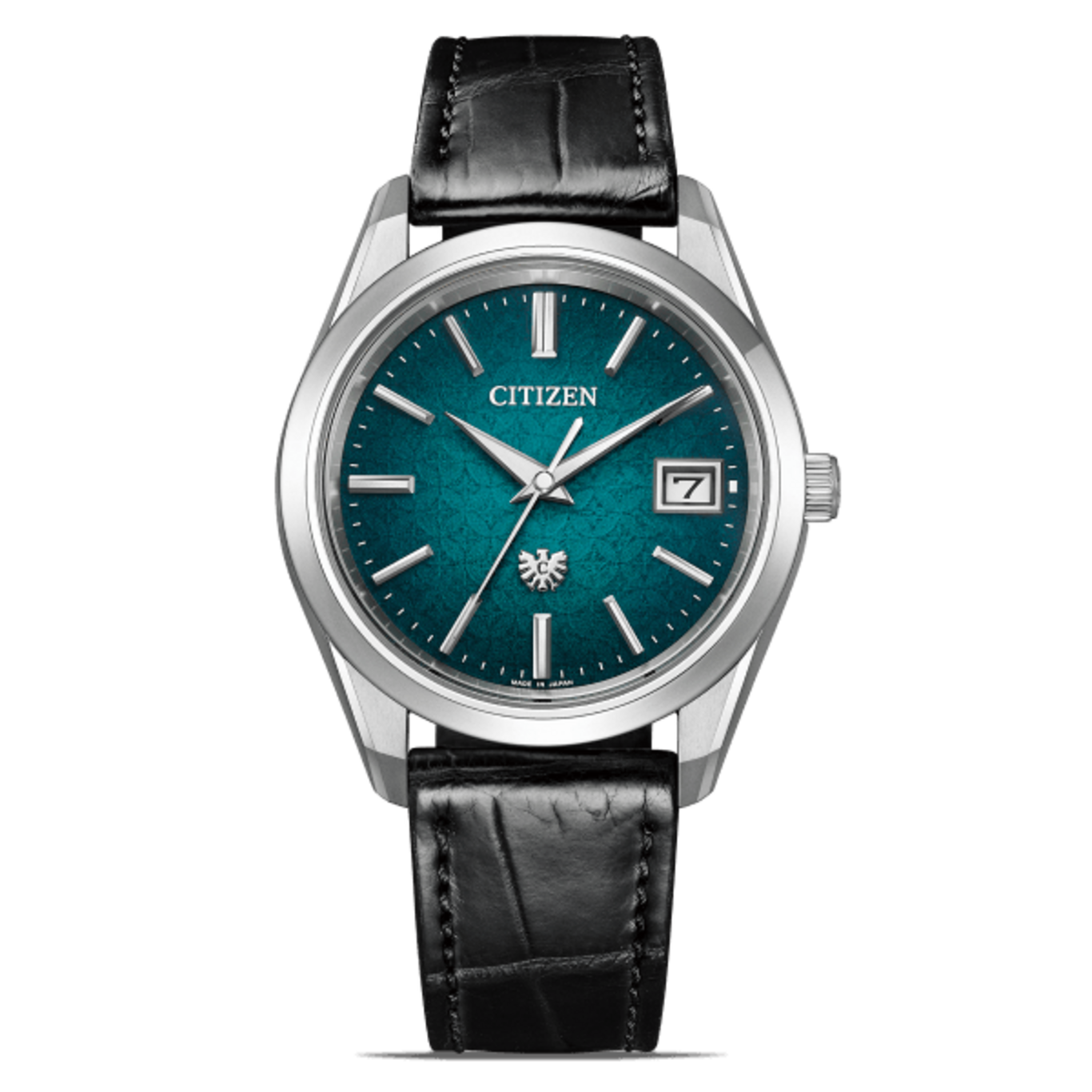 Citizen-Uhr mit tealfarbenem Zifferblatt und schwarzem Lederarmband.