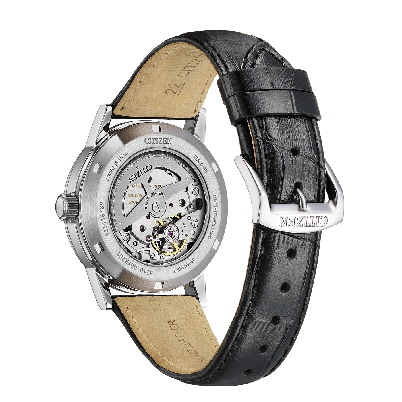 Achterkant van een Citizen automatisch horloge met leren band