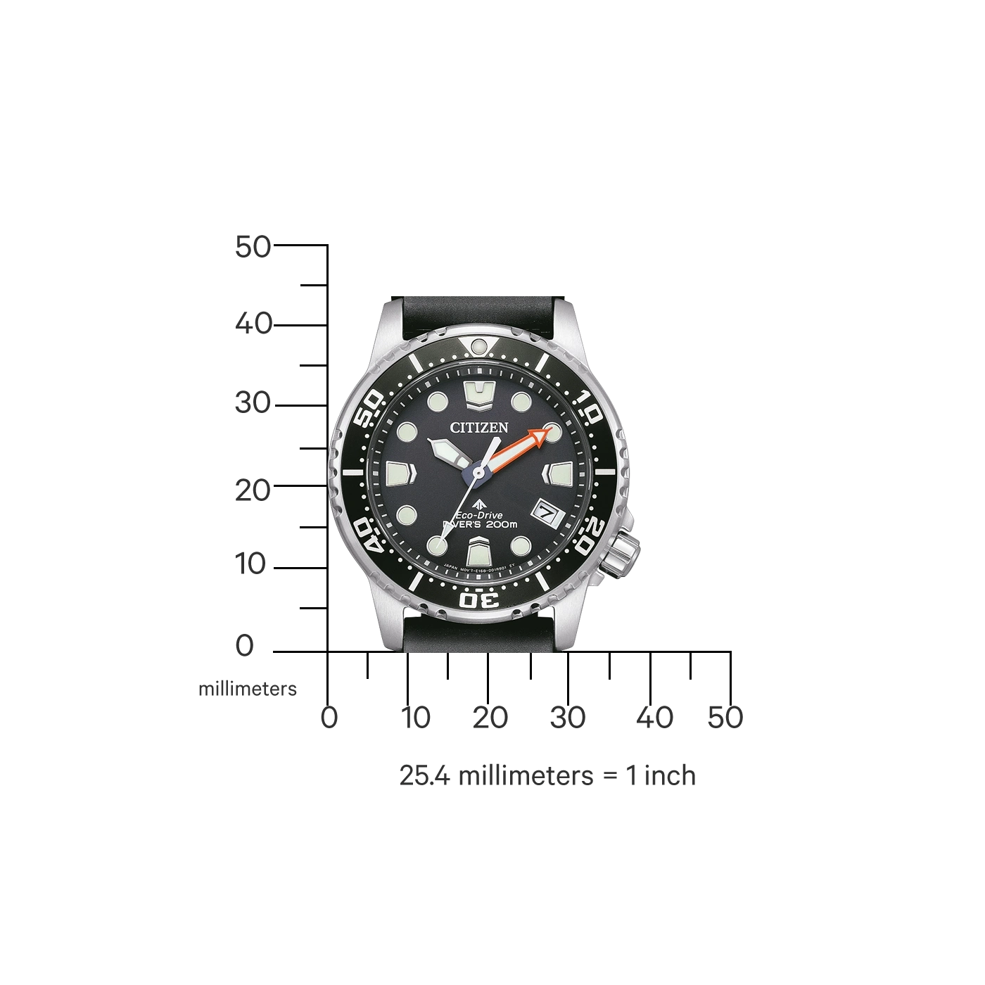 Citizen horloge met zwarte wijzerplaat, oranje wijzer en meetschaal.