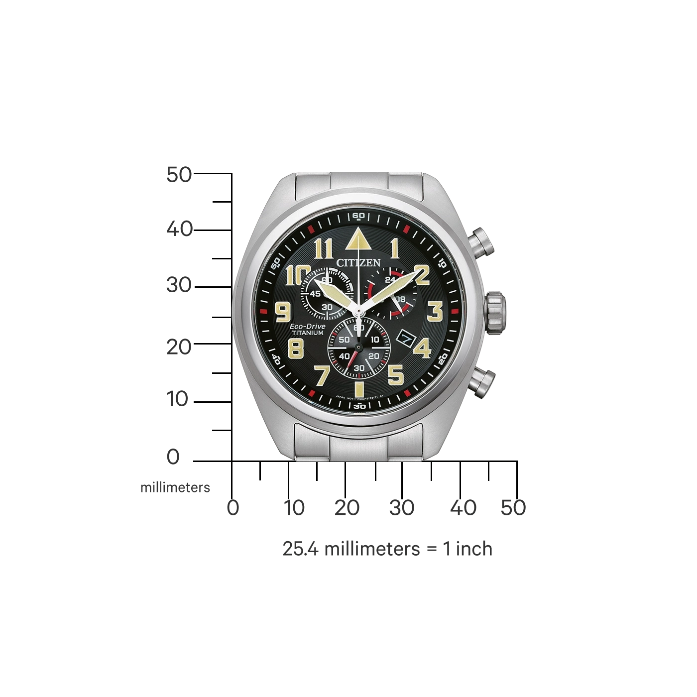 Citizen horloge met zwarte wijzerplaat, titanium, Eco-Drive, chronograaf en cijfers. Zilveren armband.