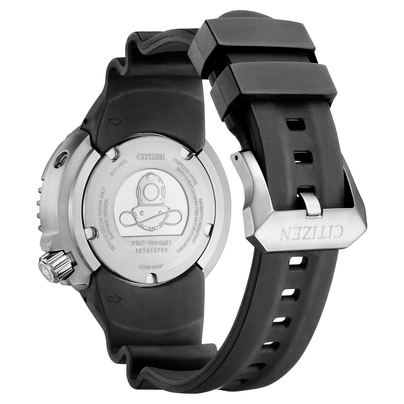 Citizen horloge achterkant, zwarte band, roestvrij staal, duikershorloge, Eco-Drive, Japan