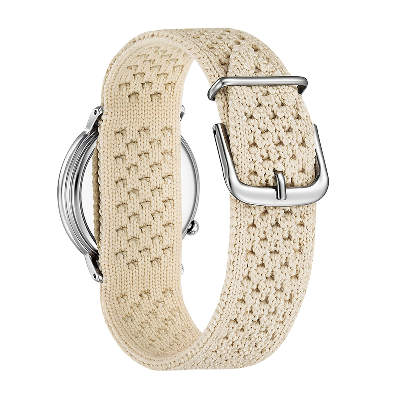 Close-up van een horloge met een crèmekleurige gebreide band en zilveren gesp.