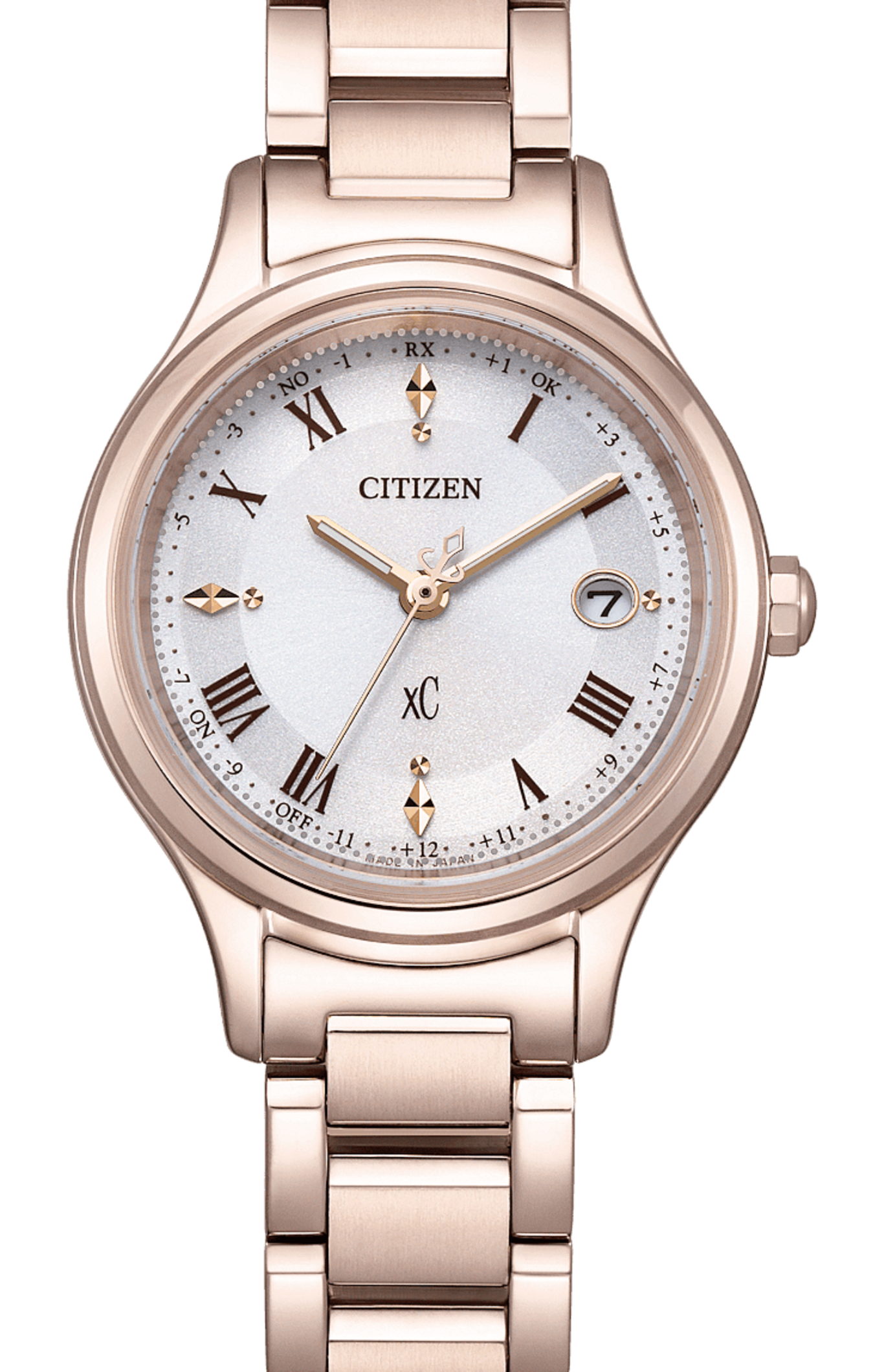 Citizen XC horloge met roségouden band en witte wijzerplaat, datumweergave.