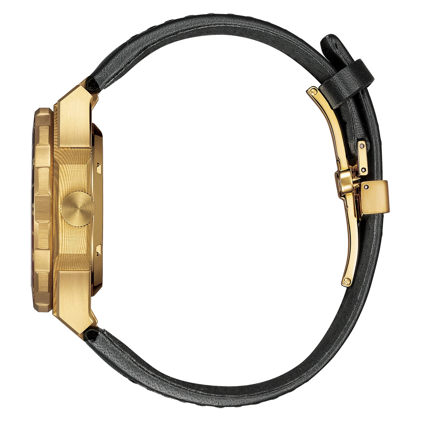 Een gouden horloge met een zwart leren band.