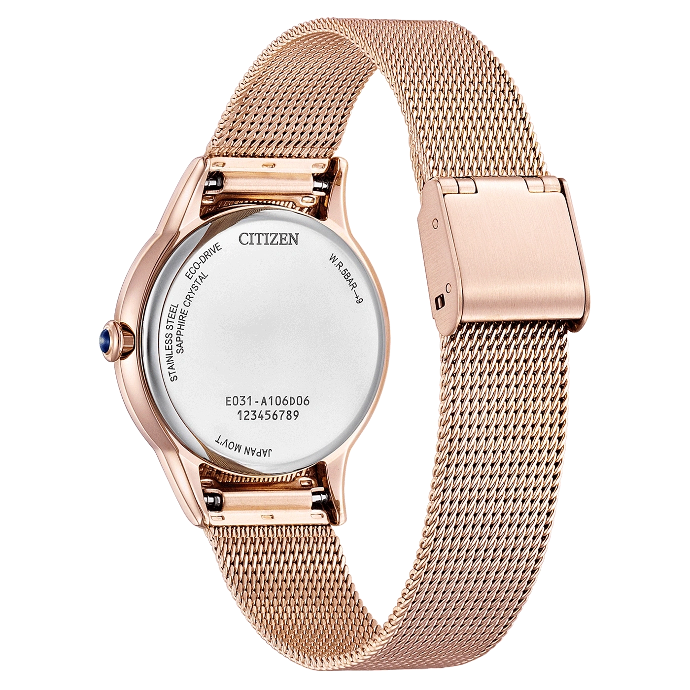 Rosegouden Citizen horloge, roestvrij staal, saffierglas, Eco-Drive, mesh band.