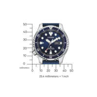 Citizen horloge met blauwe wijzerplaat en band, meetschaal in millimeters.