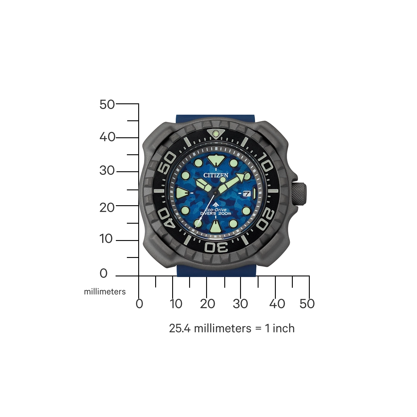 Citizen horloge met blauwe wijzerplaat, zwarte bezel en blauwe band. Eco-Drive Diver's 200m.