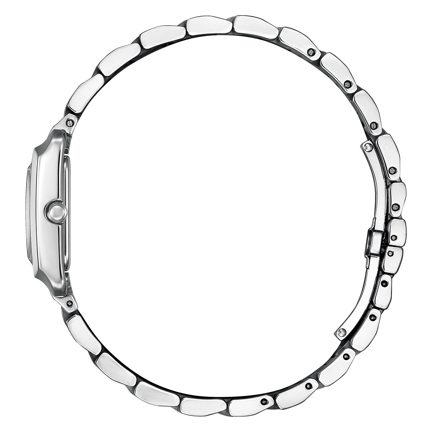 Zijaanzicht van een zilveren polshorloge met metalen band, elegant design.