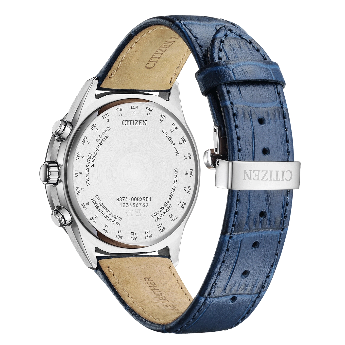 Citizen horlogerug met blauwe leren band, roestvrij staal en tekstdetails.