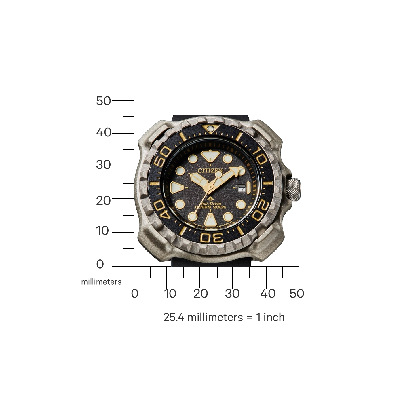 Citizen horloge met zwarte en gouden details, meetschaal in millimeters.