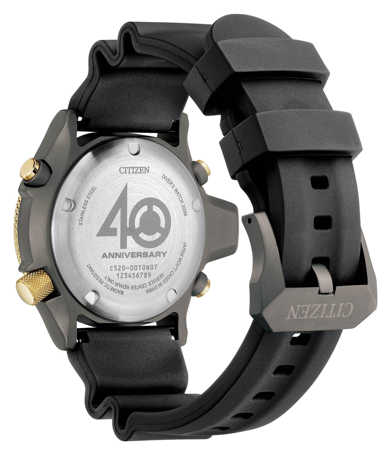 Citizen horlogerug met jubileumtekst, zwarte band, gouden accenten en roestvrij staal.