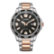 Citizen horloge met zwarte wijzerplaat, roségouden accenten en roestvrijstalen band.