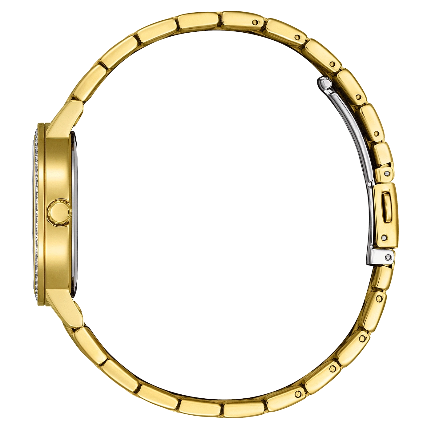 Gouden horloge met een met diamanten bezette lunette en een gouden armband, zijaanzicht.