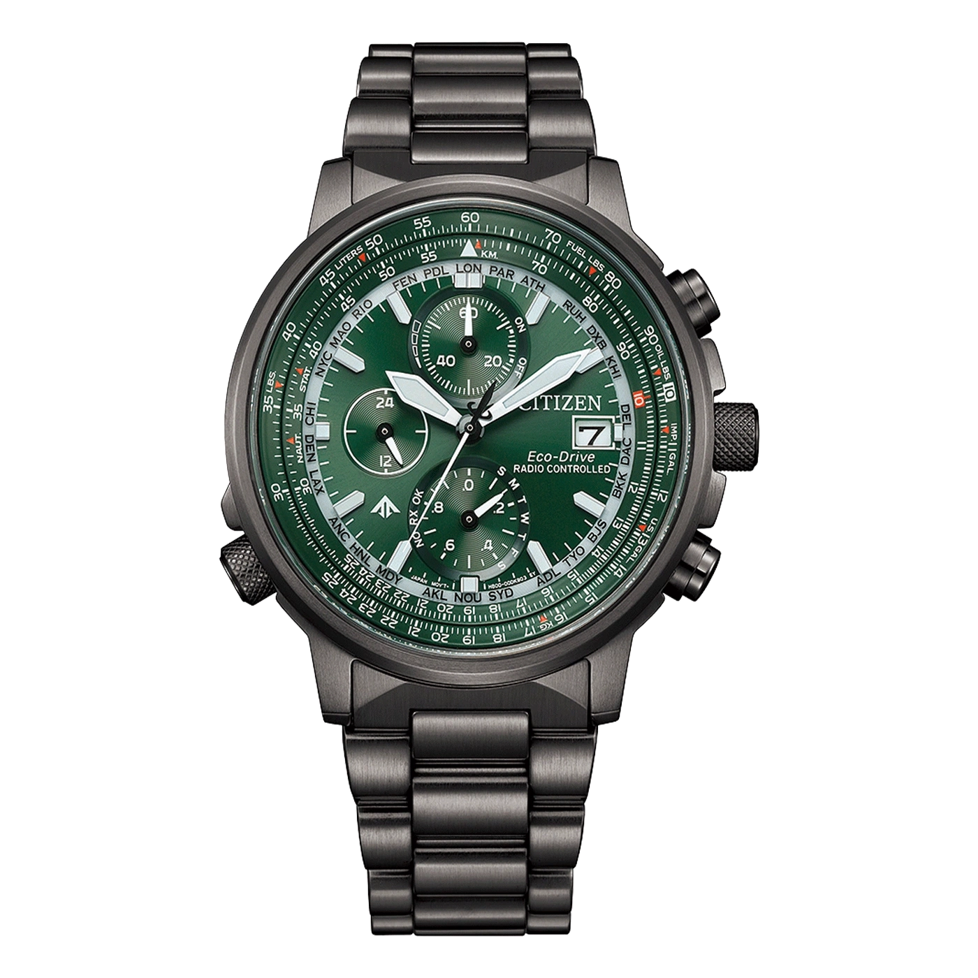 Citizen horloge met groene wijzerplaat en zwarte band, Eco-Drive, radiogestuurd.