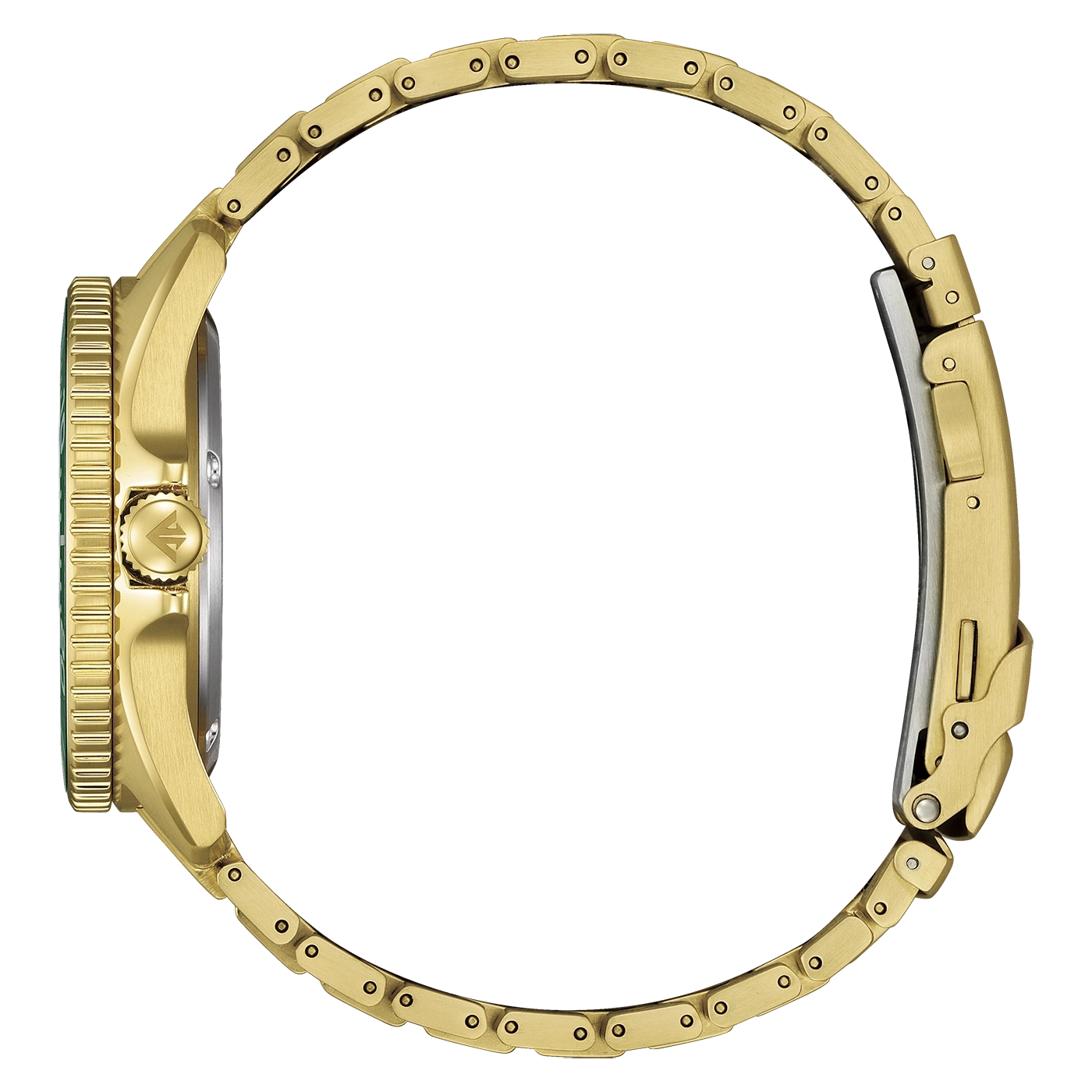 Zijaanzicht van een gouden horloge met schakelband.