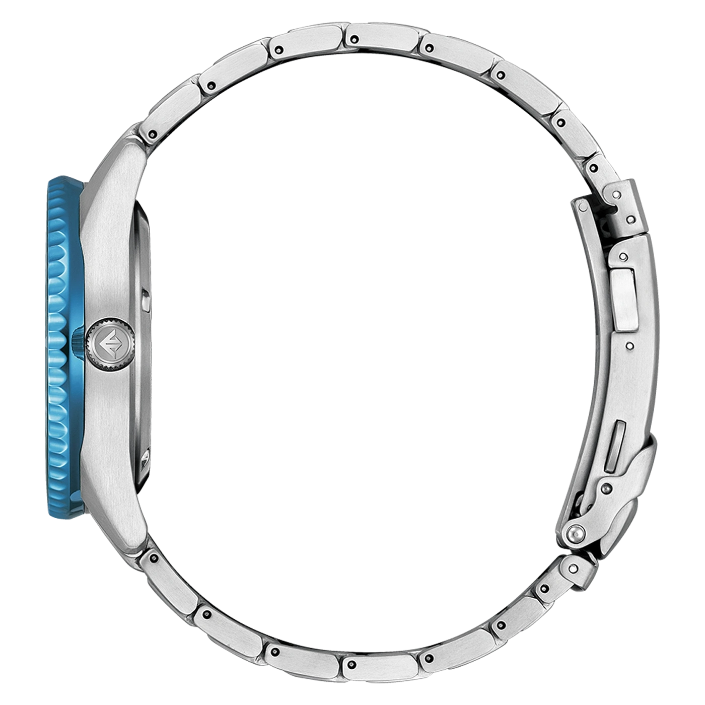 Zijaanzicht van een zilveren horloge met een blauwe bezel en band.