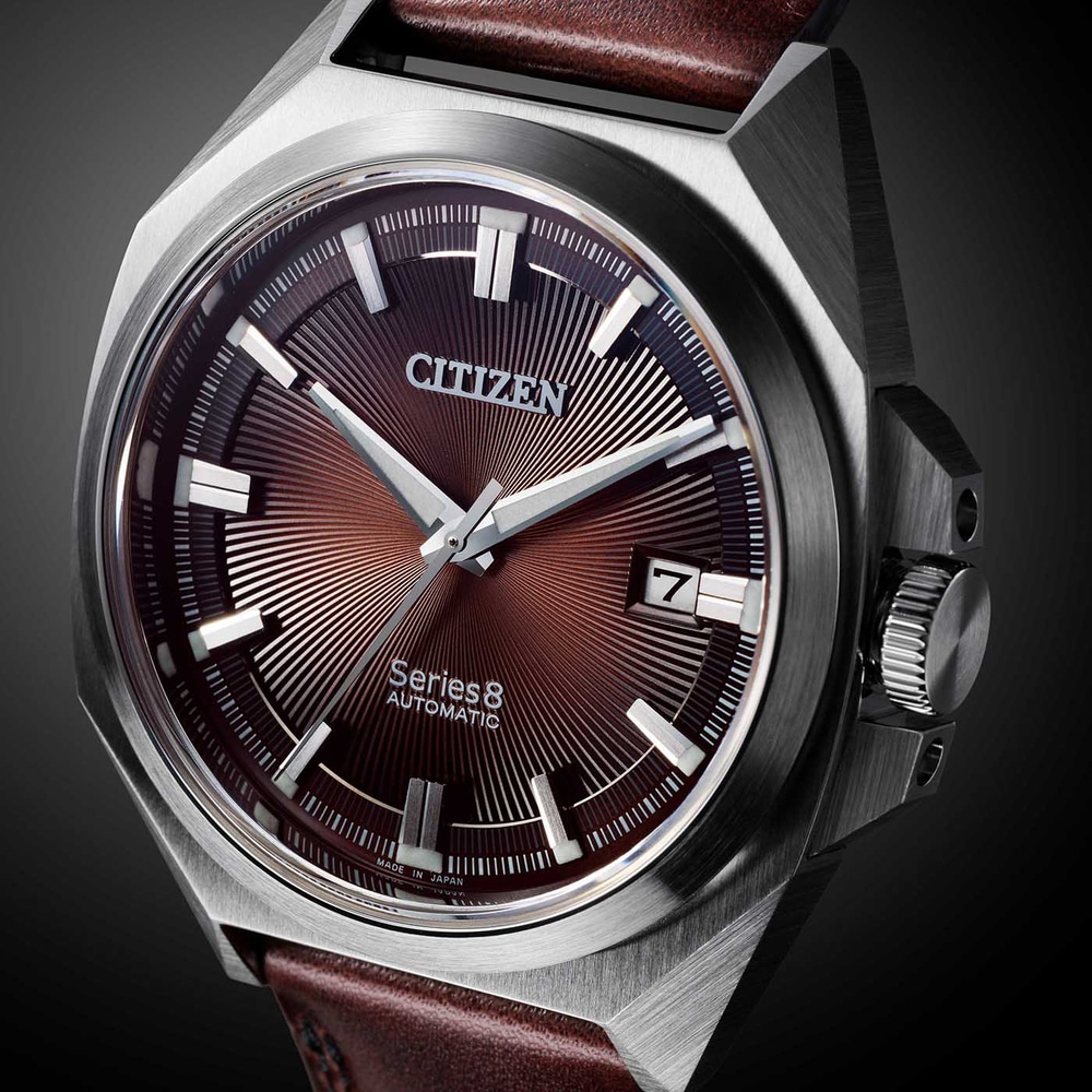 Citizen Series 8 automatische horloge met bruine leren band en bruine wijzerplaat