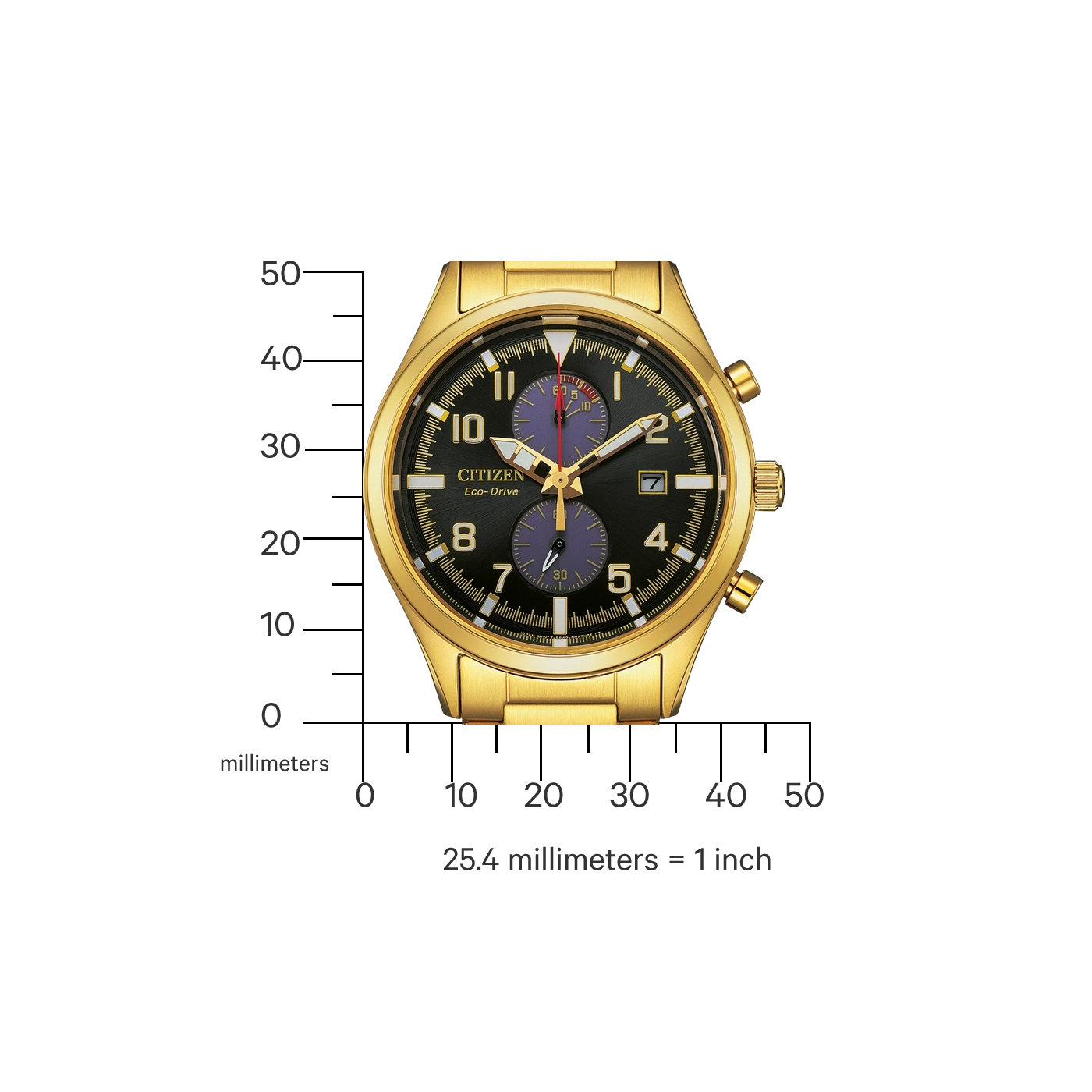 Gouden Citizen horloge met zwarte wijzerplaat en chronograaf functies, meetschaal.