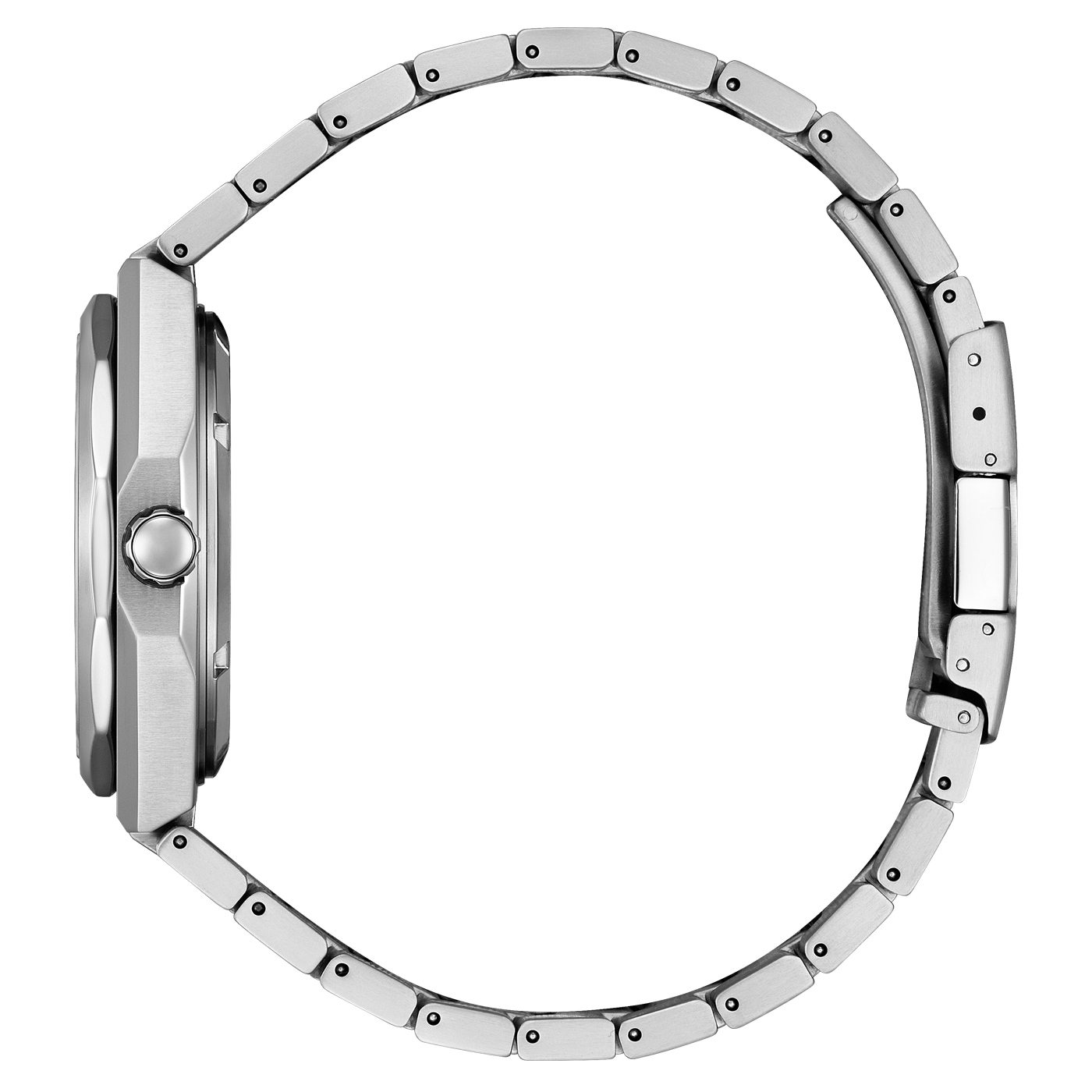Zijaanzicht van een zilveren polshorloge met metalen band, elegant design