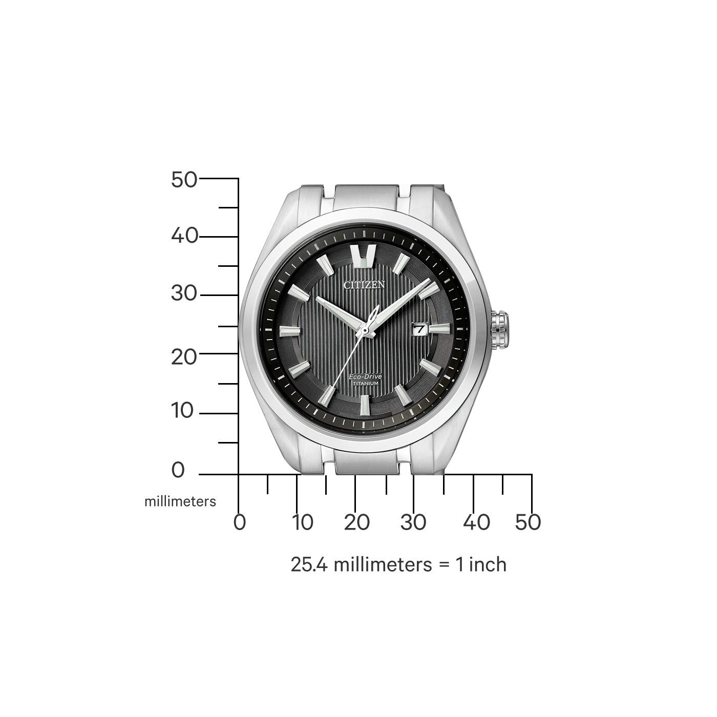 Citizen horloge met zwarte wijzerplaat, titanium, Eco-Drive en meetschaal.