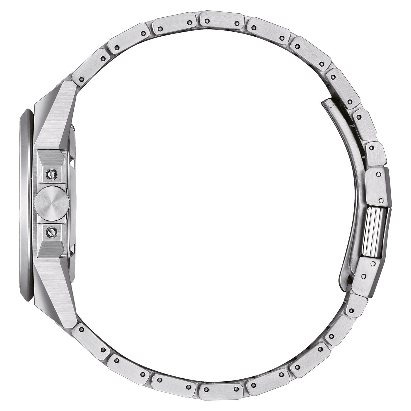 Zijaanzicht van een zilveren polshorloge met een metalen band, met de details van het horloge.