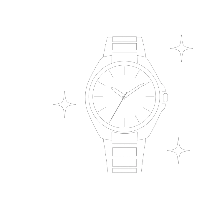 Een horloge met een metalen band en drie fonkelende sterren.
