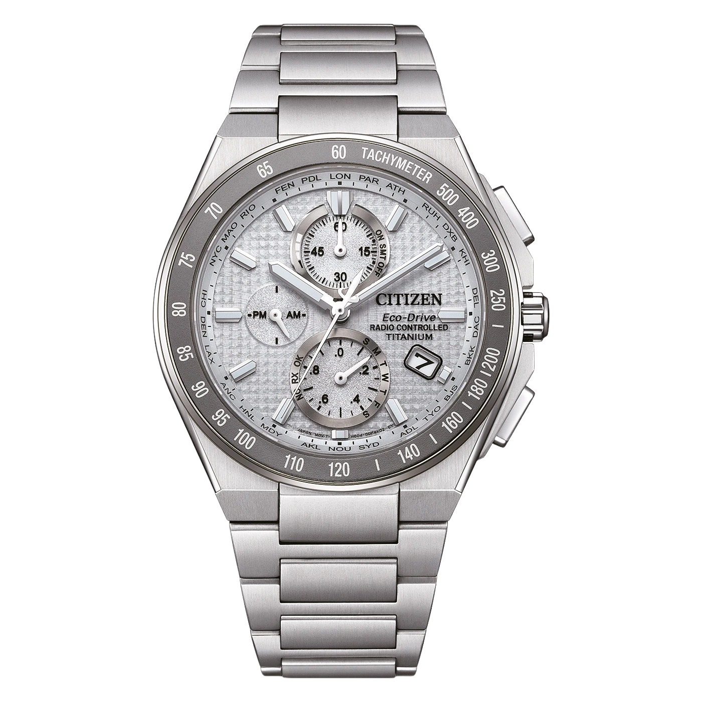 Een moderne zilveren Citizen Eco-Drive horloge met chronograaf en wereldtijd.