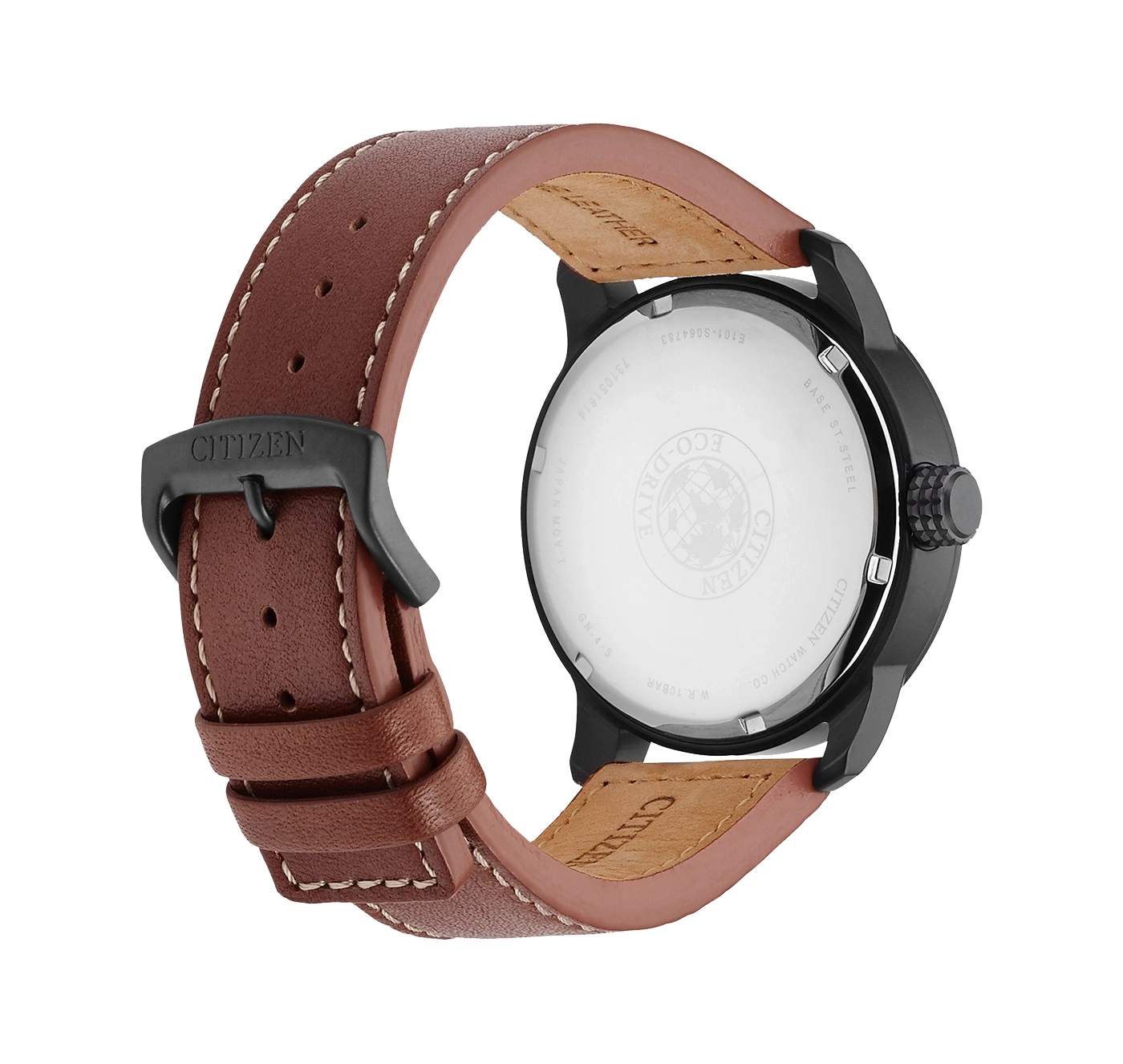 Citizen horloge met bruine leren band, zwarte kast en Eco-Drive technologie.