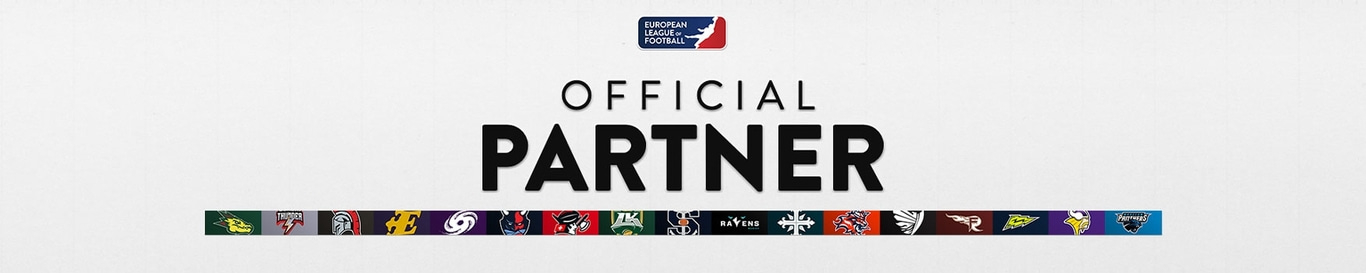 Officiële partner van de European League of Football met teamlogo's.