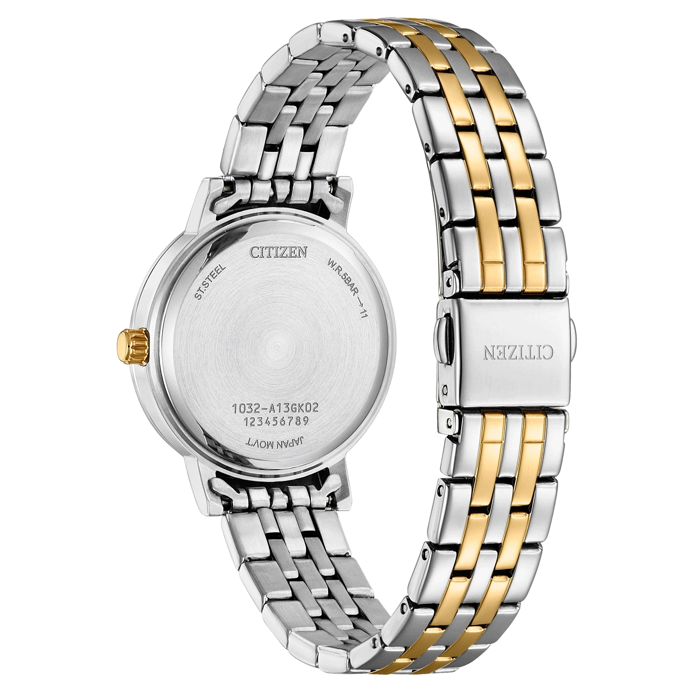 Citizen horloge achterkant, roestvrij staal, gouden accenten, Japans uurwerk, elegant design
