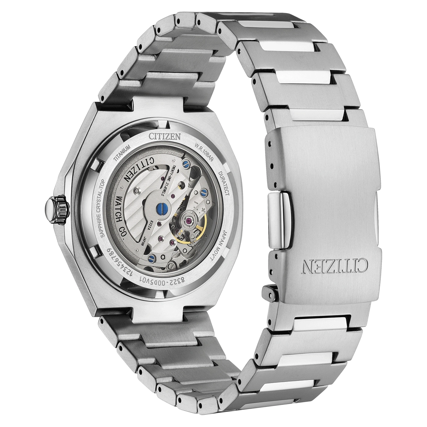 Citizen horloge achterkant, titanium, saffier kristal, automatisch uurwerk, Japans.