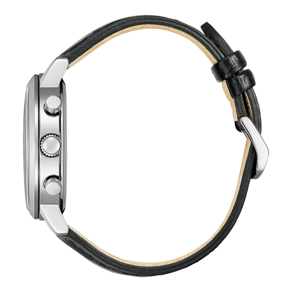Zijaanzicht van een zilveren horloge met een zwarte leren band.