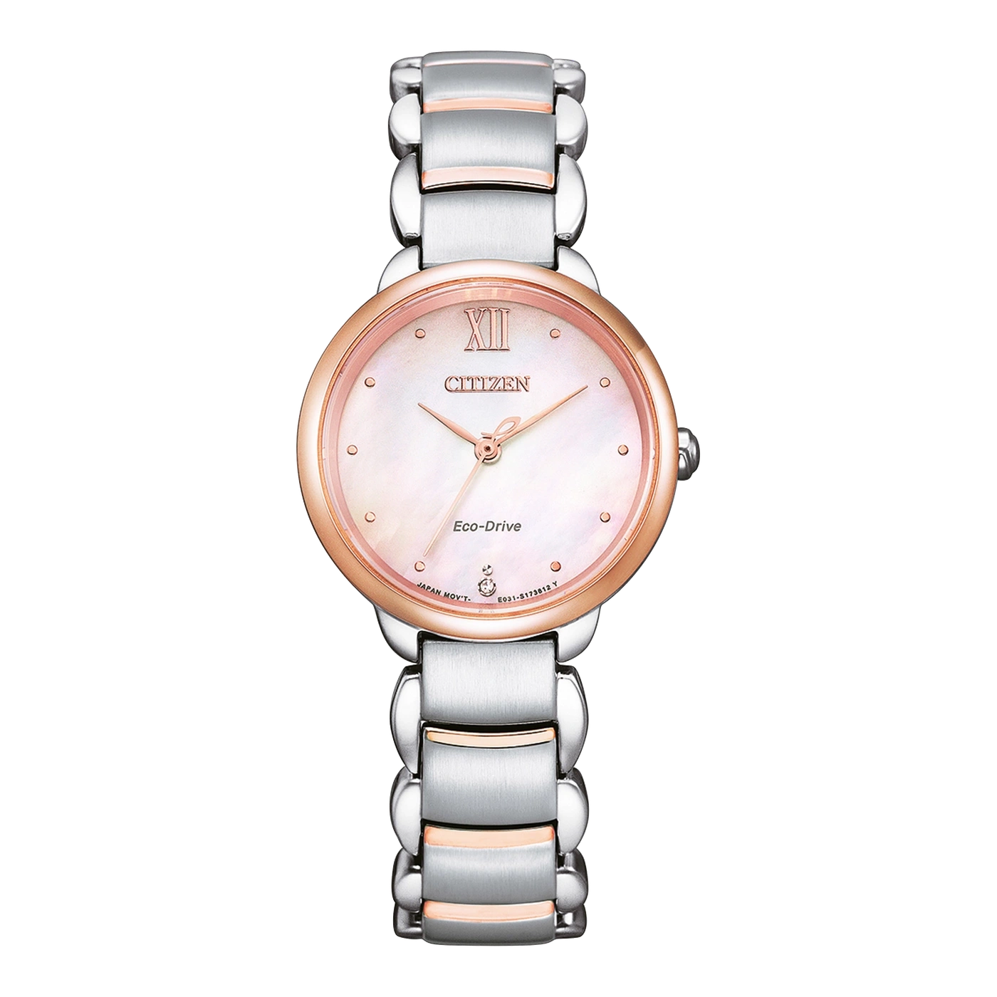 Citizen Eco-Drive horloge met een witte wijzerplaat en zilveren en roségouden band.