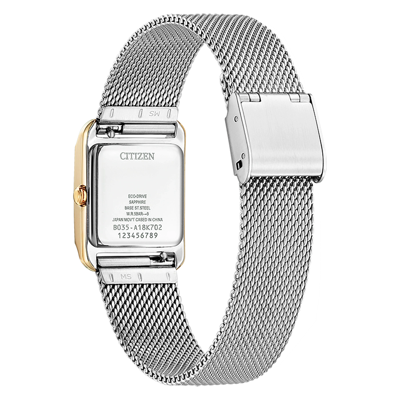 Citizen horloge met zilveren mesh band en gouden accenten, rechthoekige wijzerplaat.
