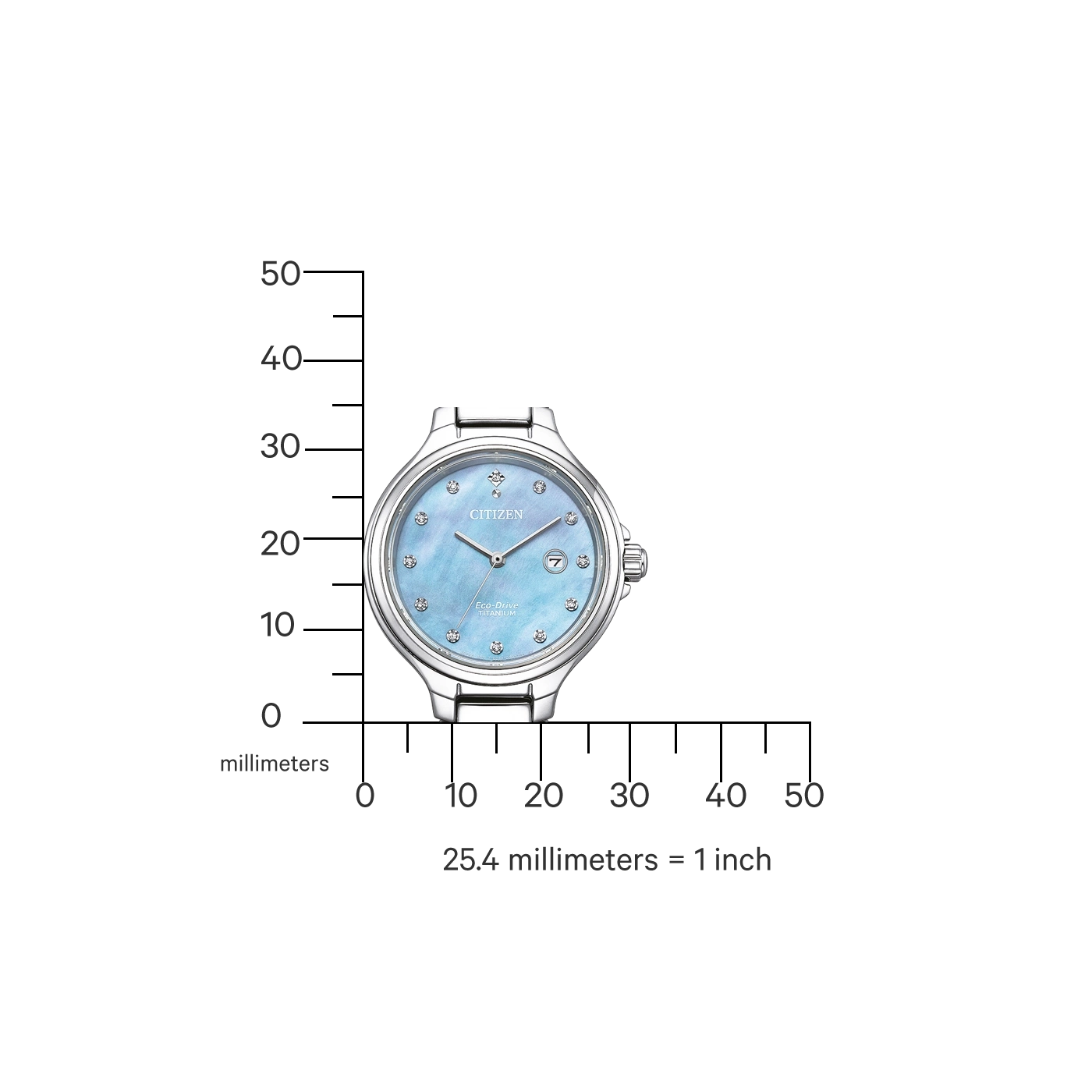 Citizen horloge met blauwe wijzerplaat en diamantaccenten, meetschaal.