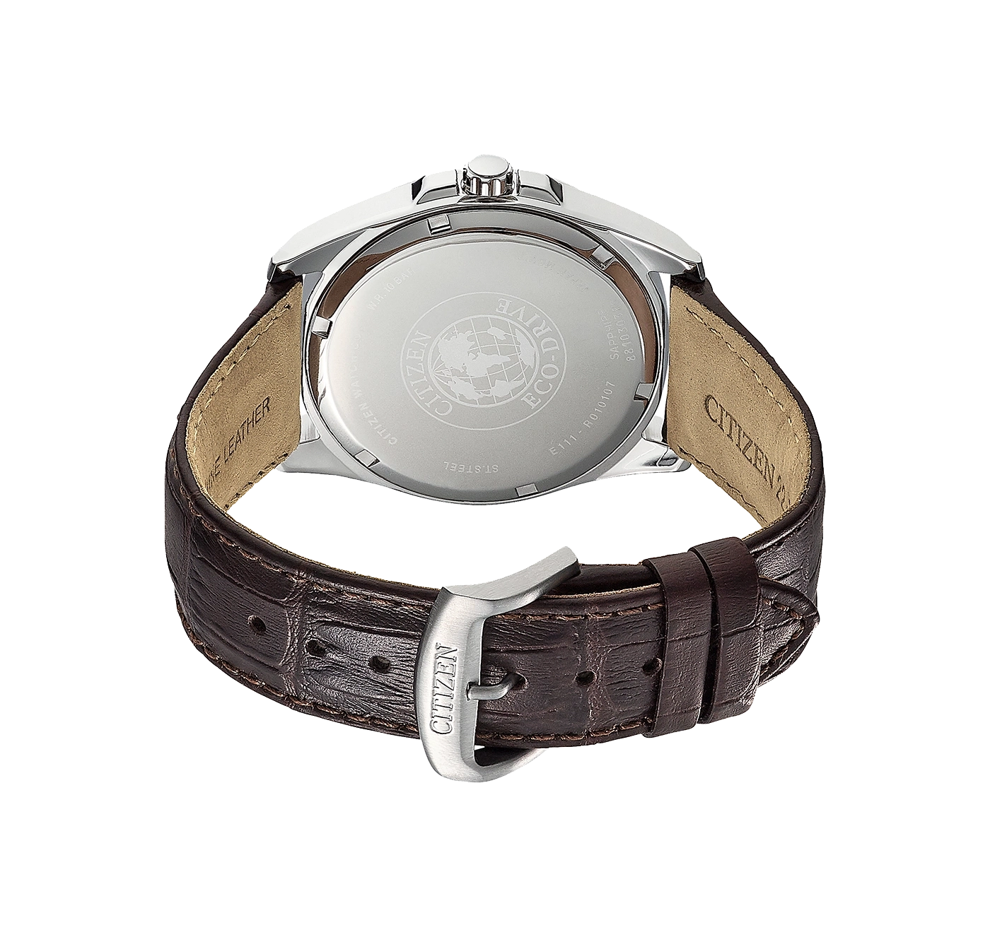Citizen horlogerug met leren band, staal en Eco-Drive technologie.