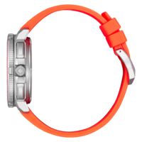 Zijaanzicht van een modern zilveren horloge met een oranje rubberen band.