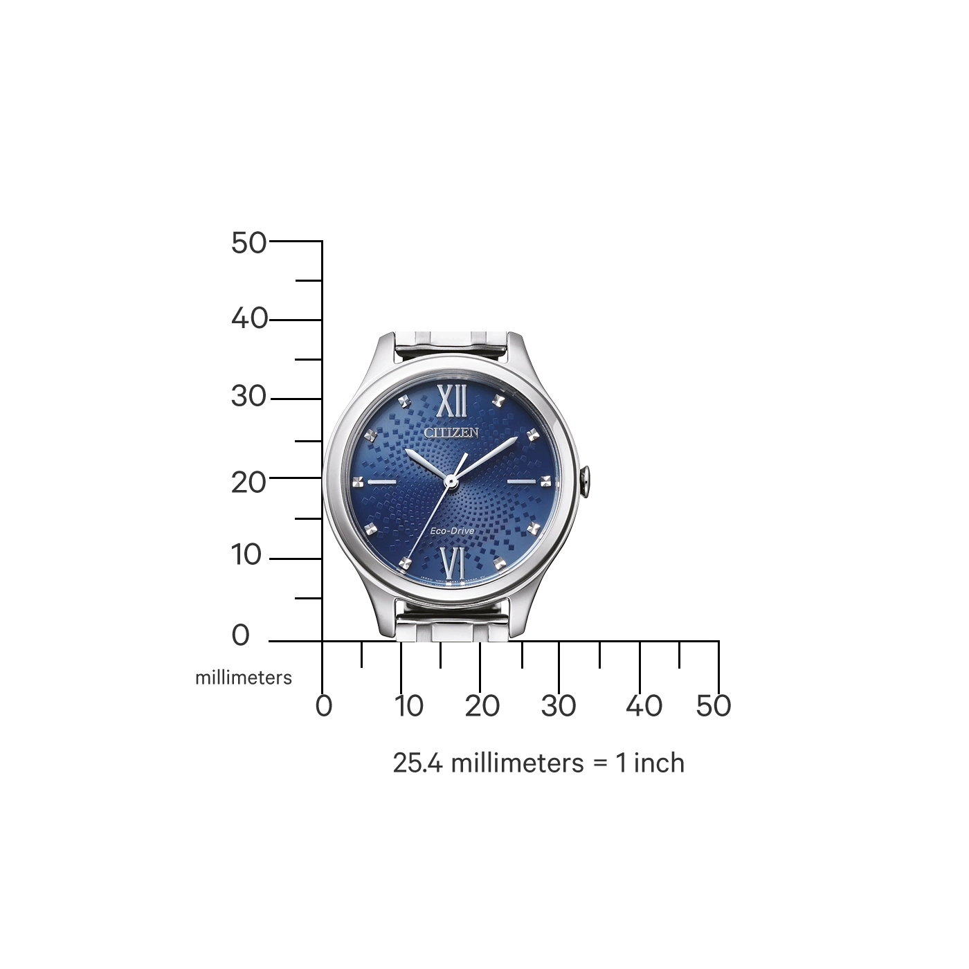Citizen horloge met blauwe wijzerplaat, zilveren band en Romeinse cijfers. Eco-Drive.