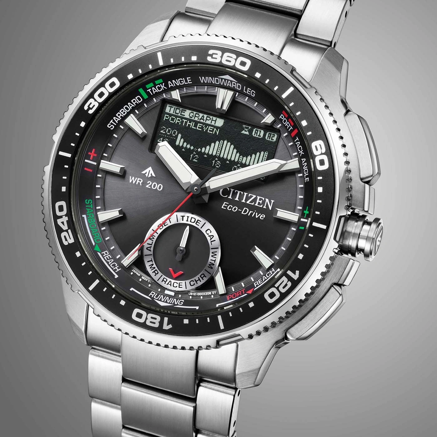 Een Citizen Eco-Drive horloge met getijdengrafiek en kompasfuncties.