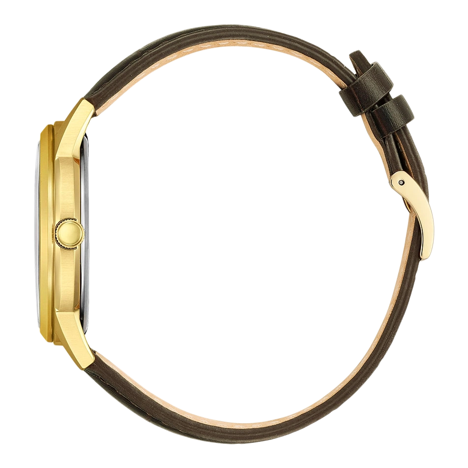 Gouden horloge met bruin lederen bandje, zijaanzicht, elegant design
