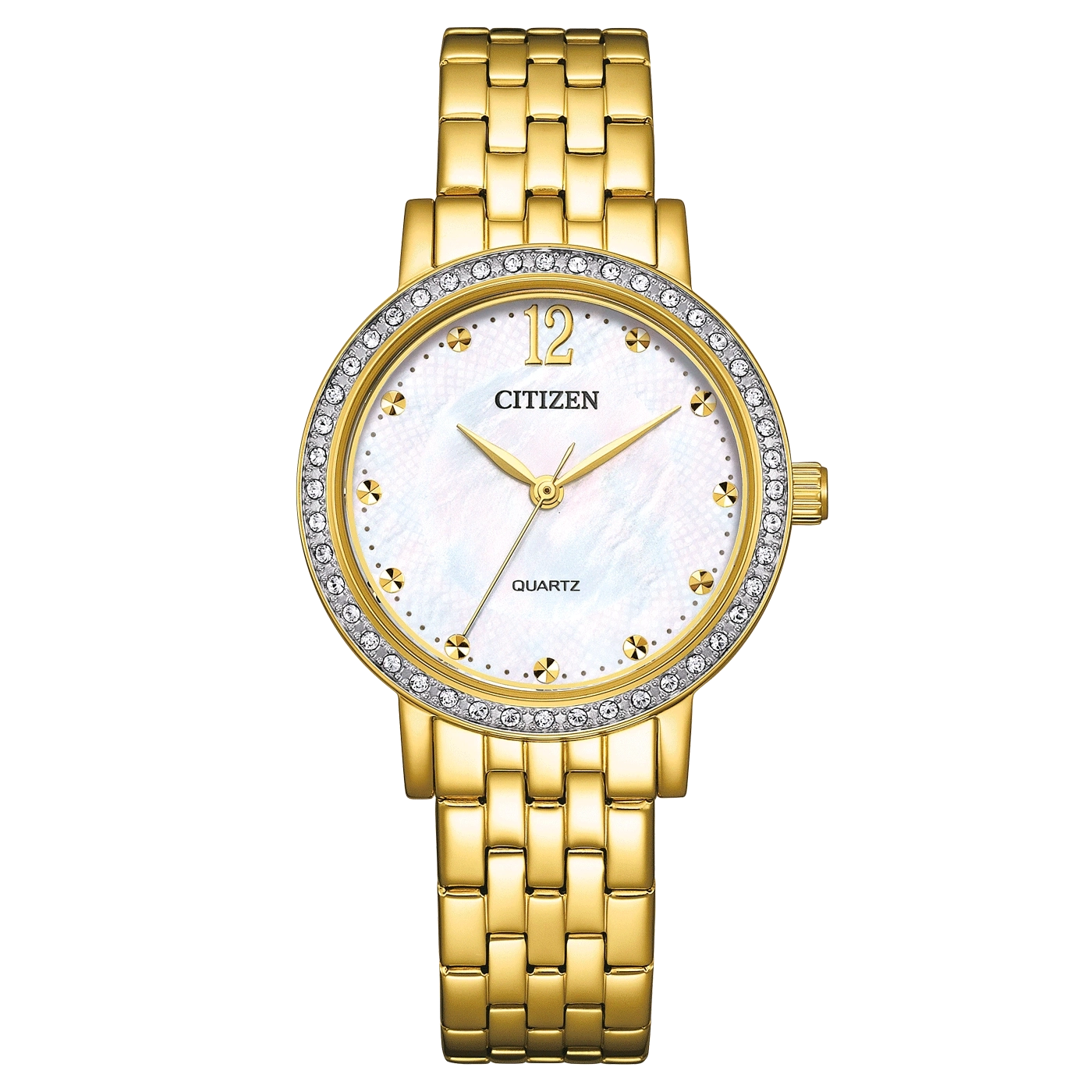 Gouden Citizen horloge met witte wijzerplaat en diamantaccenten, quartz.