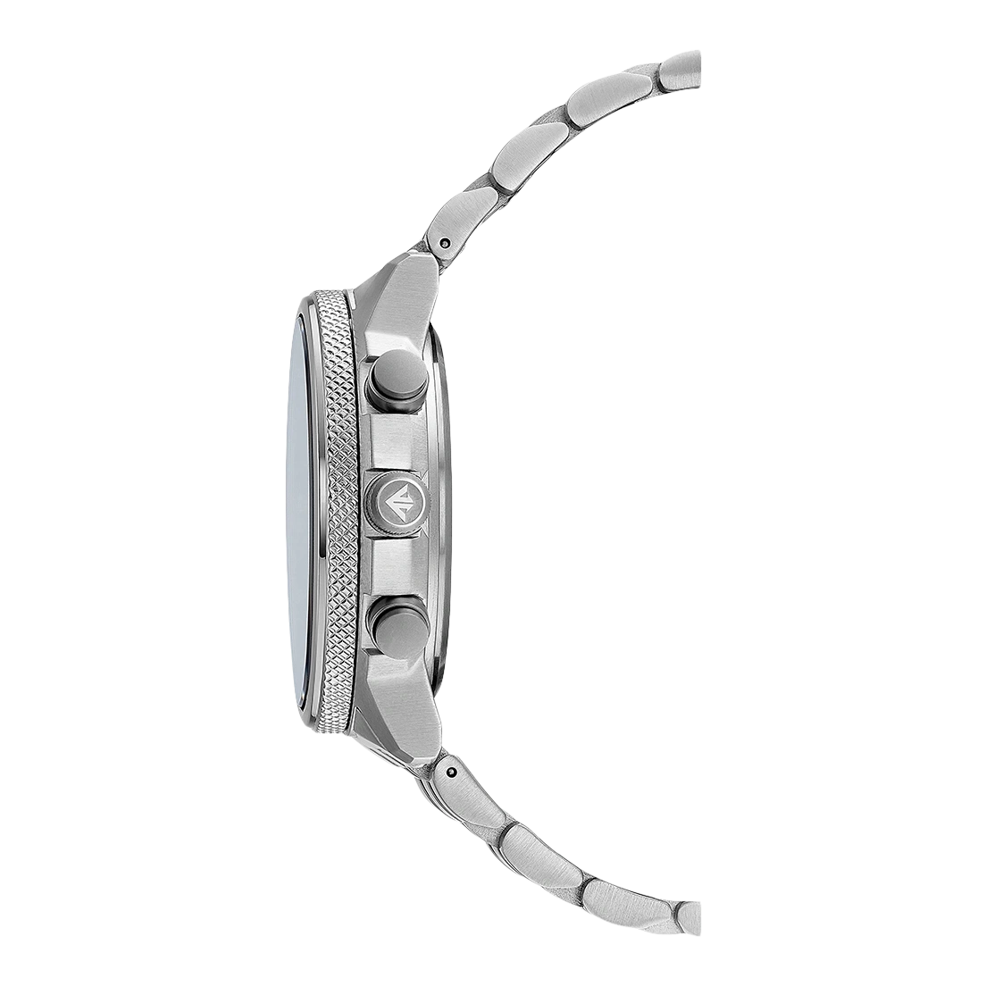 Zijaanzicht van een zilveren horloge met metalen band en knoppen.